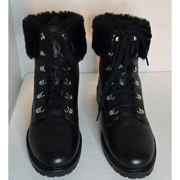 WOMEN'S LAUREN RALPH LAUREN LEATHER TIE ANKLE BOOTS LANESCOT FAUX FUR BLACK 10 B - Picture 2 of 12